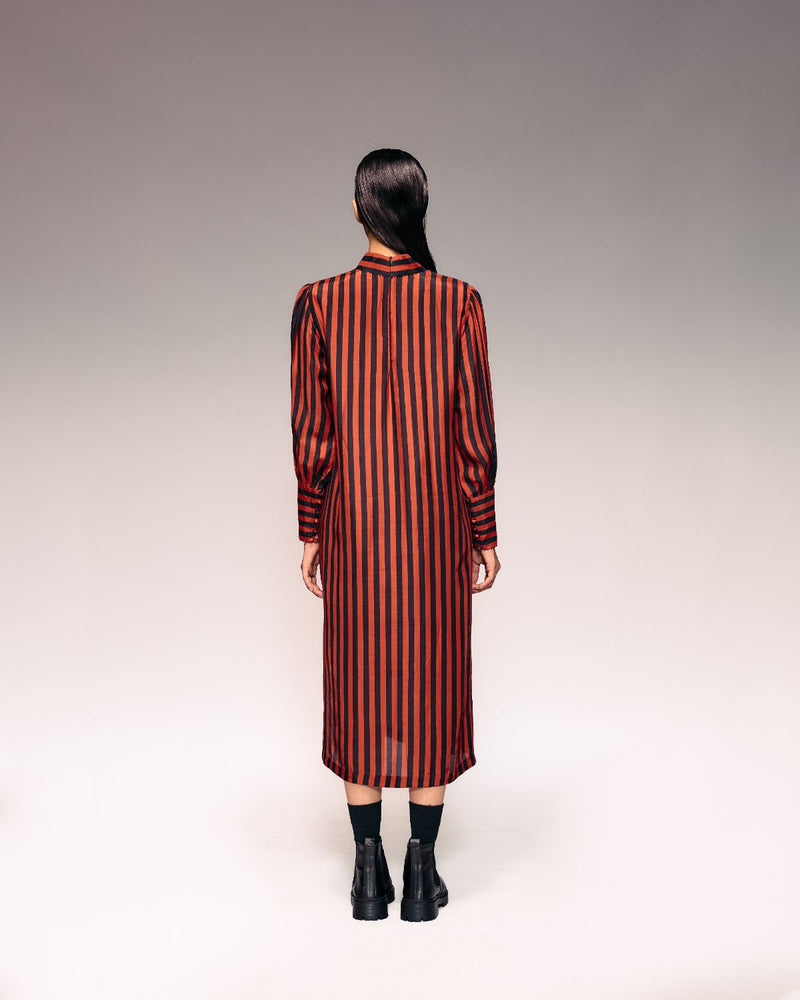 Rust Black Stripe Midi Dress silk by Kritika Murarka in rust color for women Worldwide