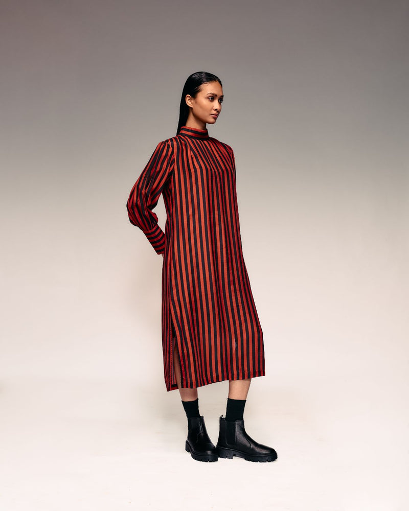 Rust Black Stripe Midi Dress silk by Kritika Murarka in rust color for women Worldwide