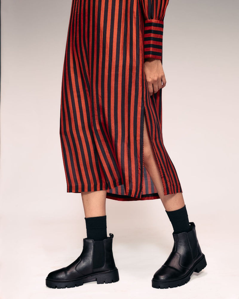Rust Black Stripe Midi Dress silk by Kritika Murarka in rust color for women Worldwide