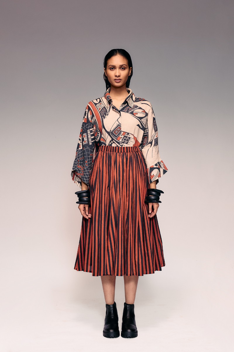 Rust Black Stripe Gathered Skirt cotton by Kritika Murarka in rust color for women Worldwide