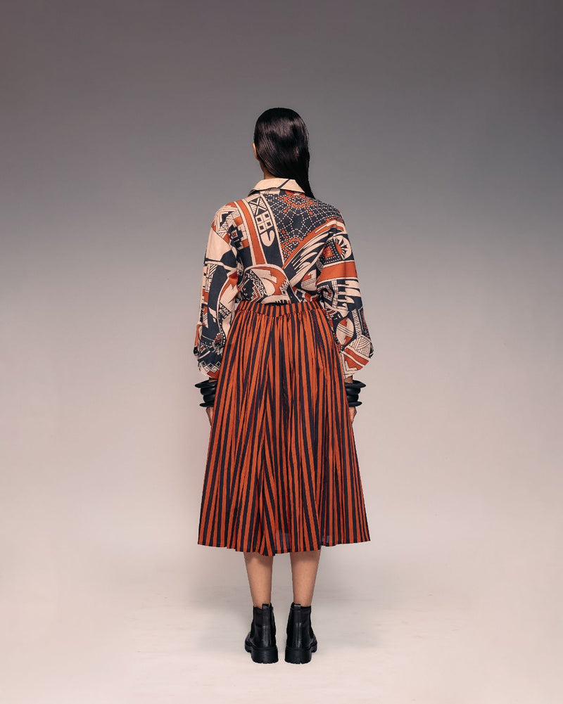 Rust Black Stripe Gathered Skirt cotton by Kritika Murarka in rust color for women Worldwide