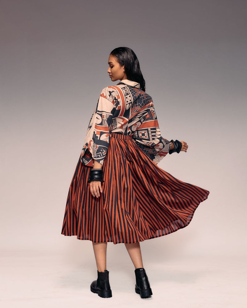 Rust Black Stripe Gathered Skirt cotton by Kritika Murarka in rust color for women Worldwide