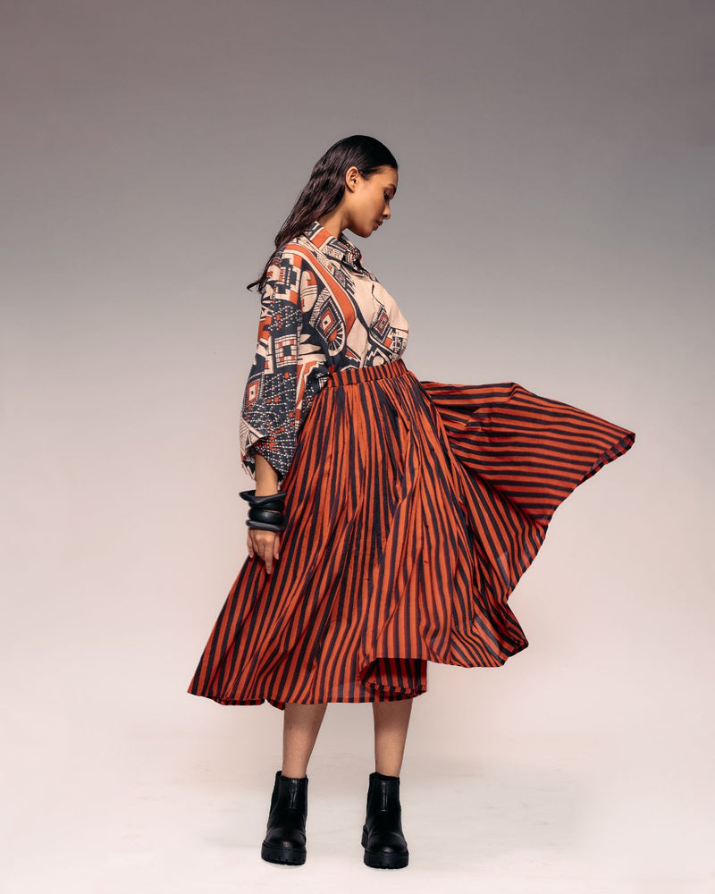 Rust Black Stripe Gathered Skirt cotton by Kritika Murarka in rust color for women Worldwide