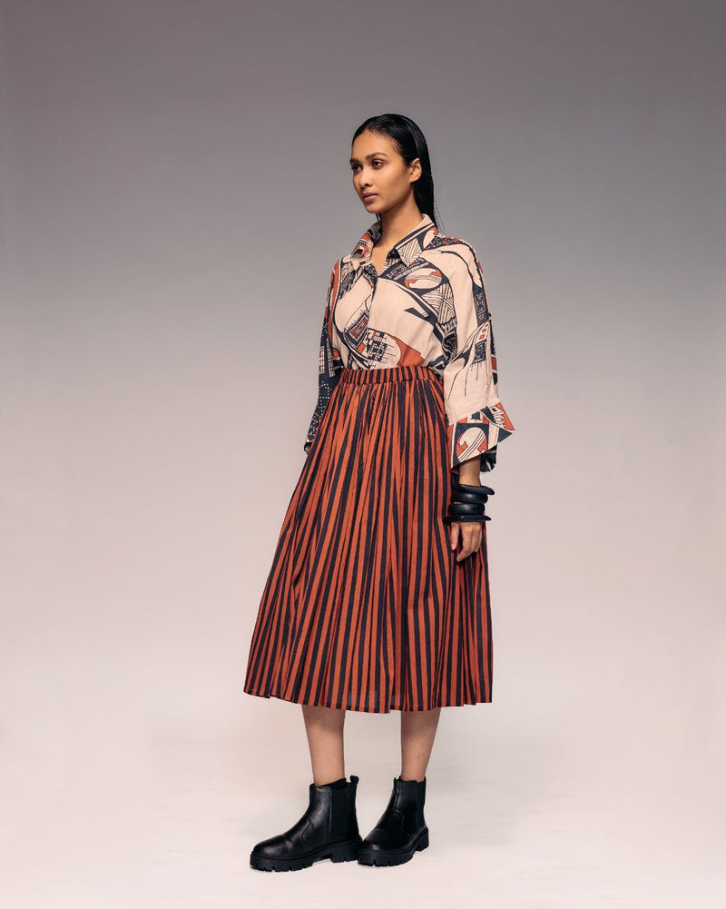 Rust Black Stripe Gathered Skirt cotton by Kritika Murarka in rust color for women Worldwide