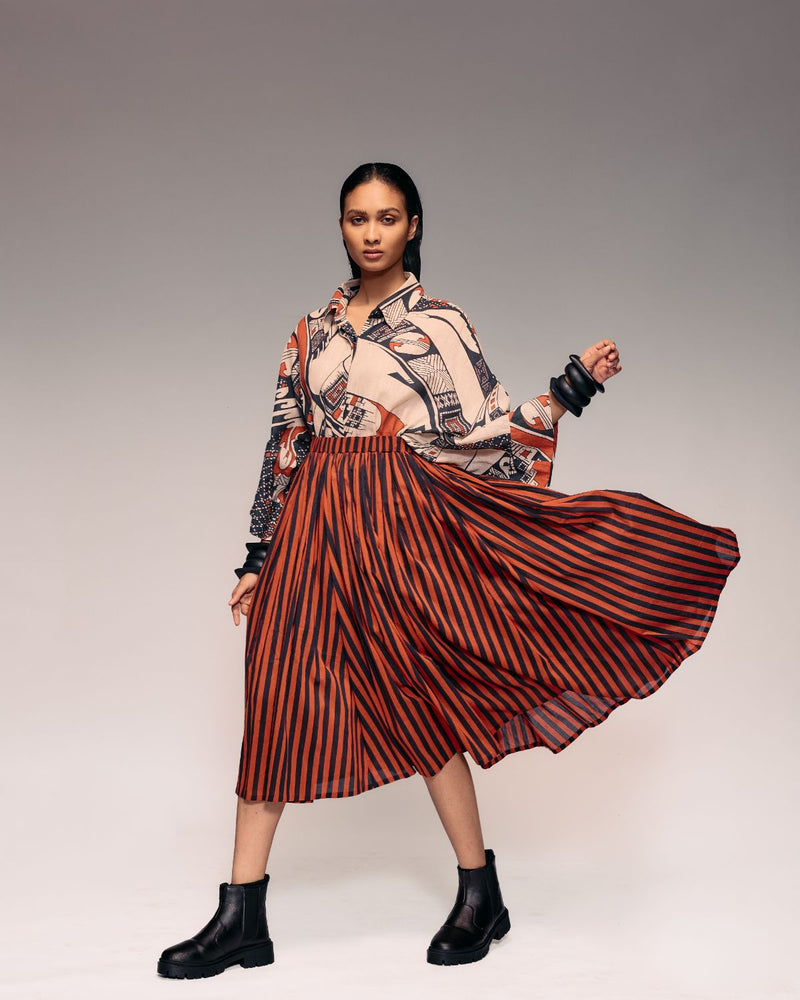 Rust Black Stripe Gathered Skirt cotton by Kritika Murarka in rust color for women Worldwide