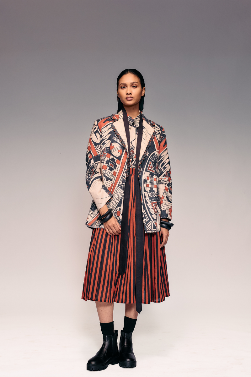 Rust Print Linen Blazer cotton by Kritika Murarka in rust color for women Worldwide