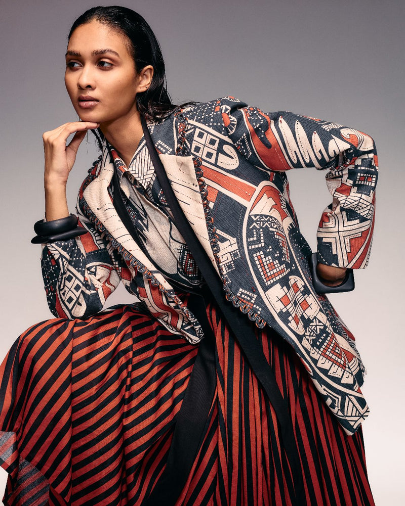 Rust Print Linen Blazer cotton by Kritika Murarka in rust color for women Worldwide