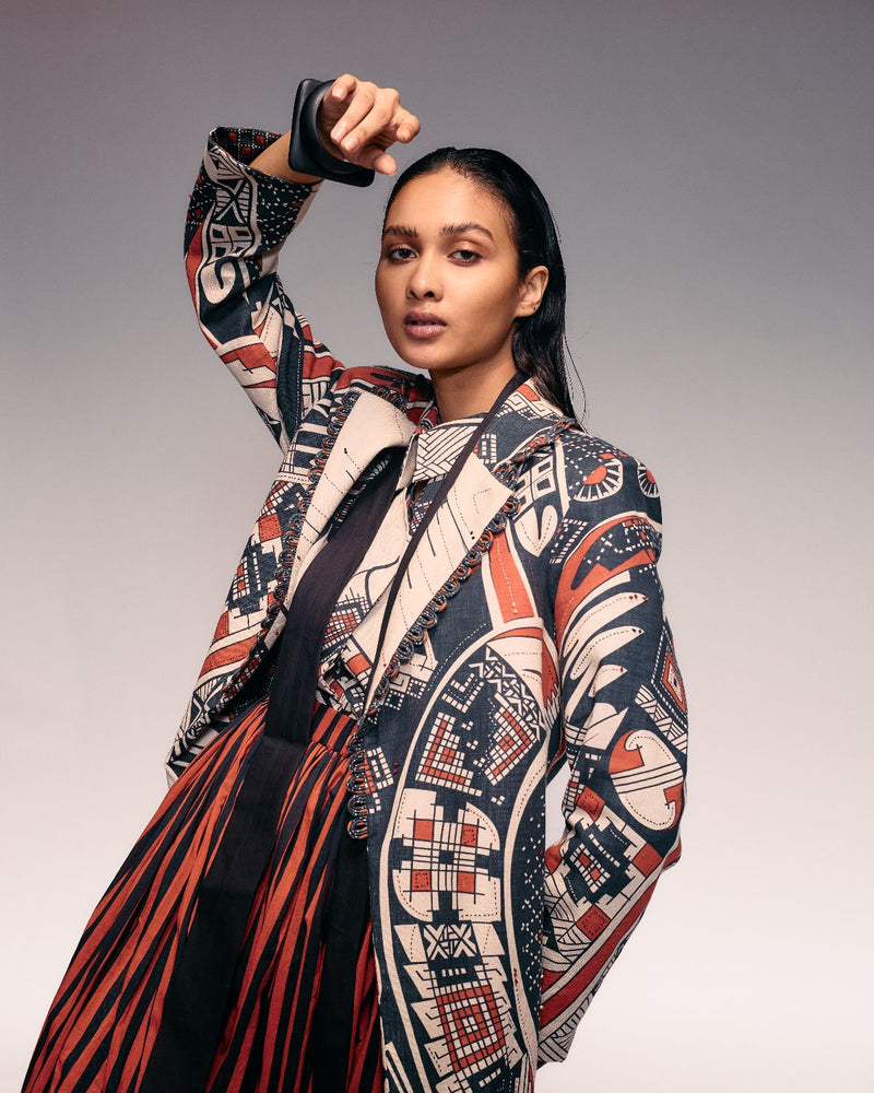 Rust Print Linen Blazer cotton by Kritika Murarka in rust color for women Worldwide
