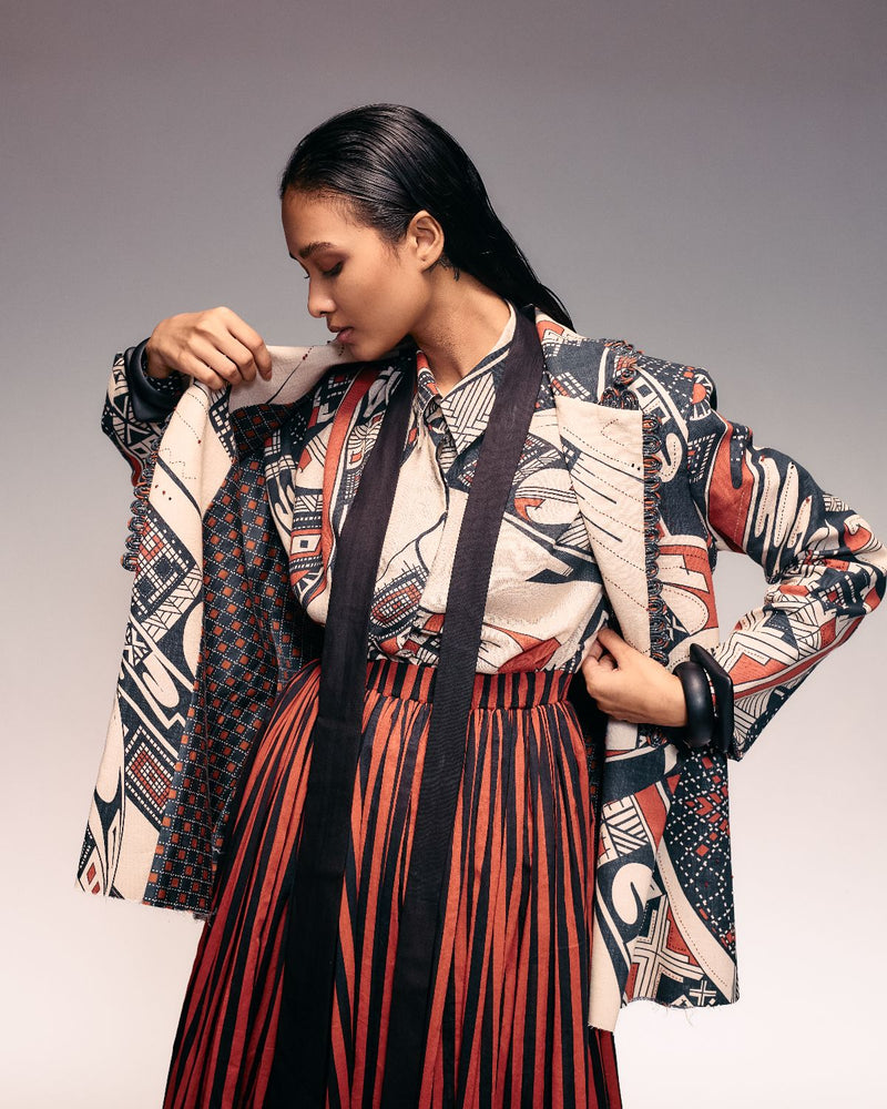 Rust Print Linen Blazer cotton by Kritika Murarka in rust color for women Worldwide