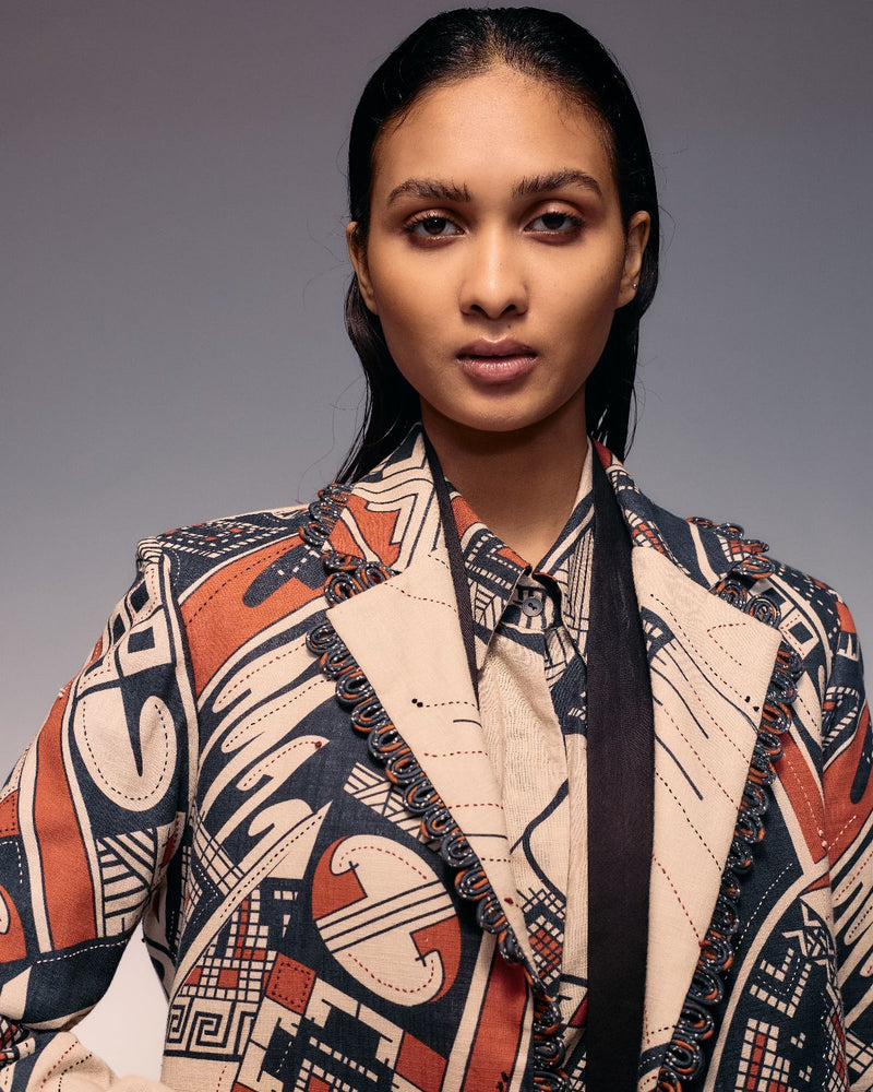Rust Print Linen Blazer cotton by Kritika Murarka in rust color for women Worldwide