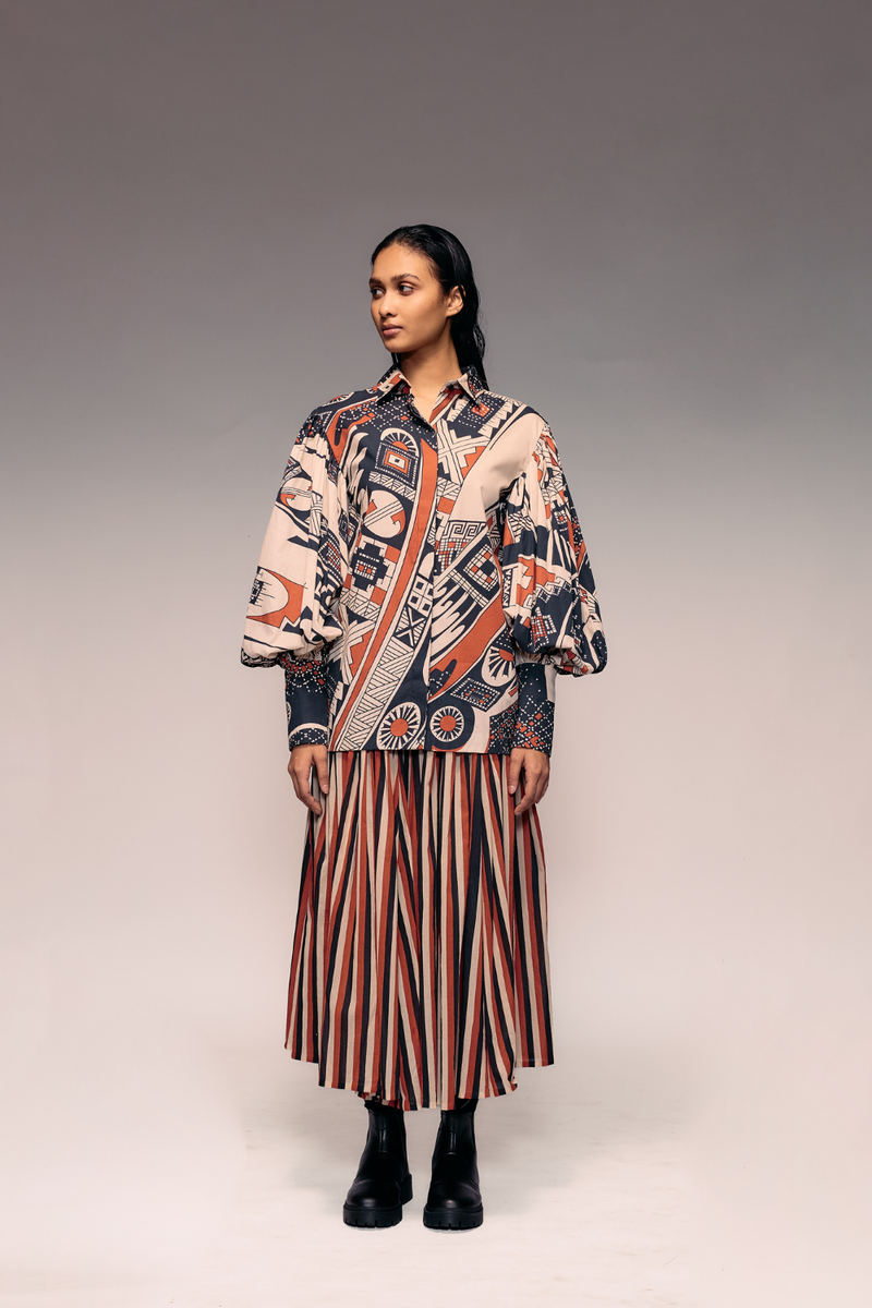 Rust Black Beige Stripe Gathered Skirt cotton by Kritika Murarka in rust color for women Worldwide