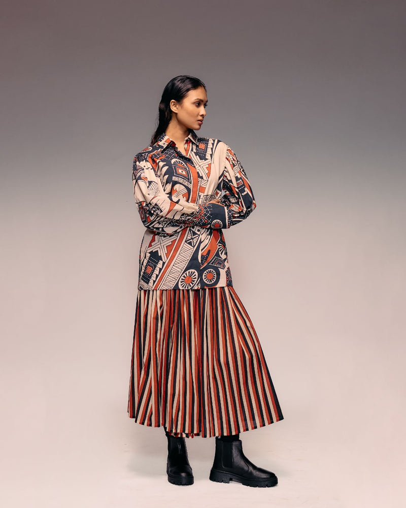 Rust Black Beige Stripe Gathered Skirt cotton by Kritika Murarka in rust color for women Worldwide
