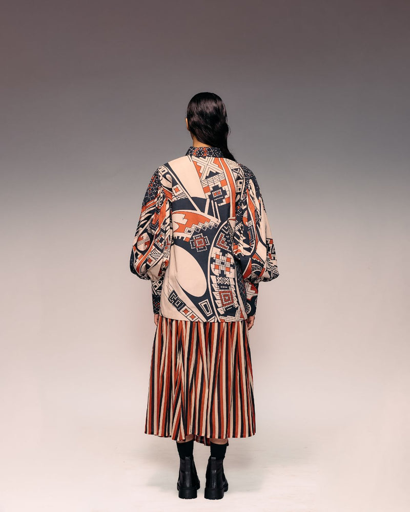 Rust Black Beige Stripe Gathered Skirt cotton by Kritika Murarka in rust color for women Worldwide