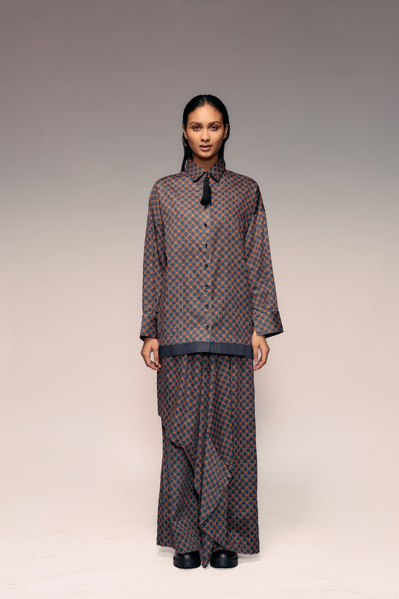 Rust Black Check Draped Trouser cotton by Kritika Murarka in rust color for women Worldwide