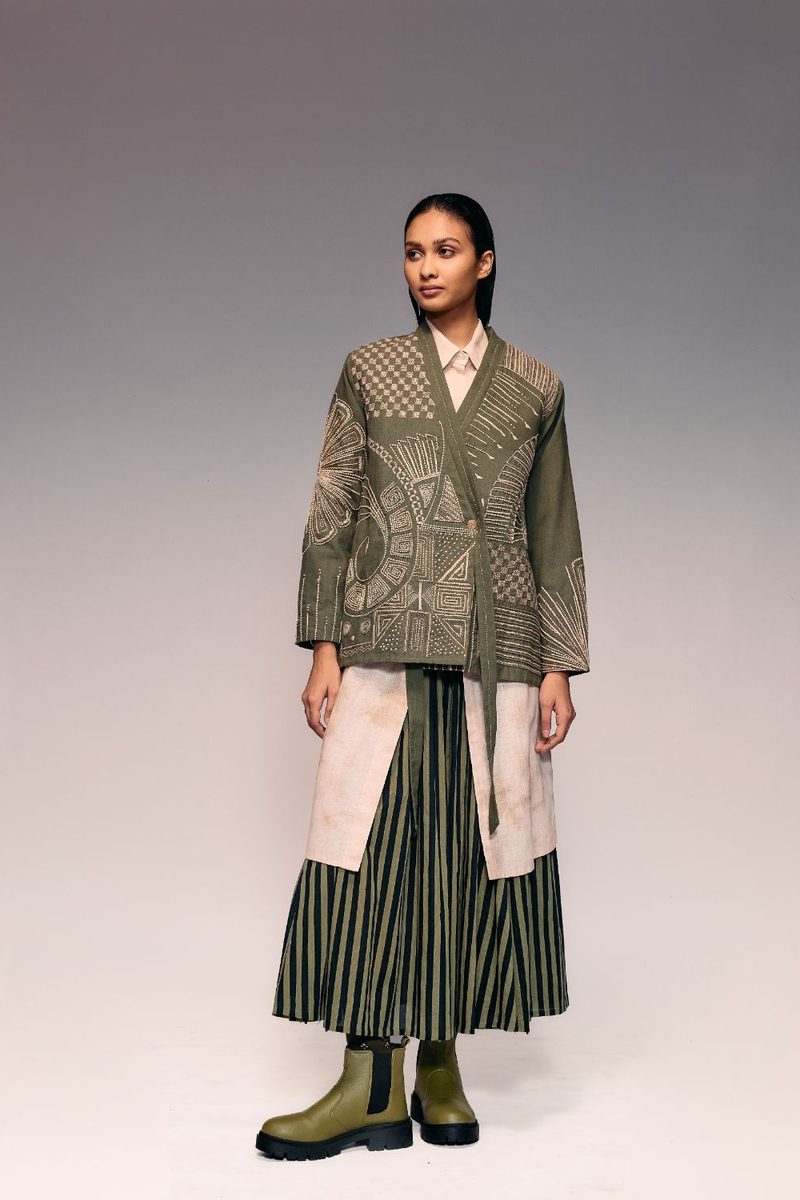 Olive Khadi Kantha Jacket by Kritika Murarka in olive color for women Worldwide