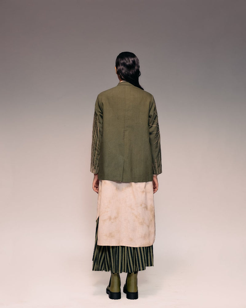Olive Khadi Kantha Jacket by Kritika Murarka in olive color for women Worldwide
