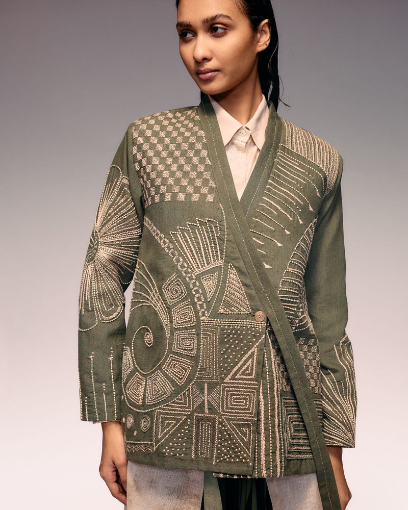 Olive Khadi Kantha Jacket by Kritika Murarka in olive color for women Worldwide