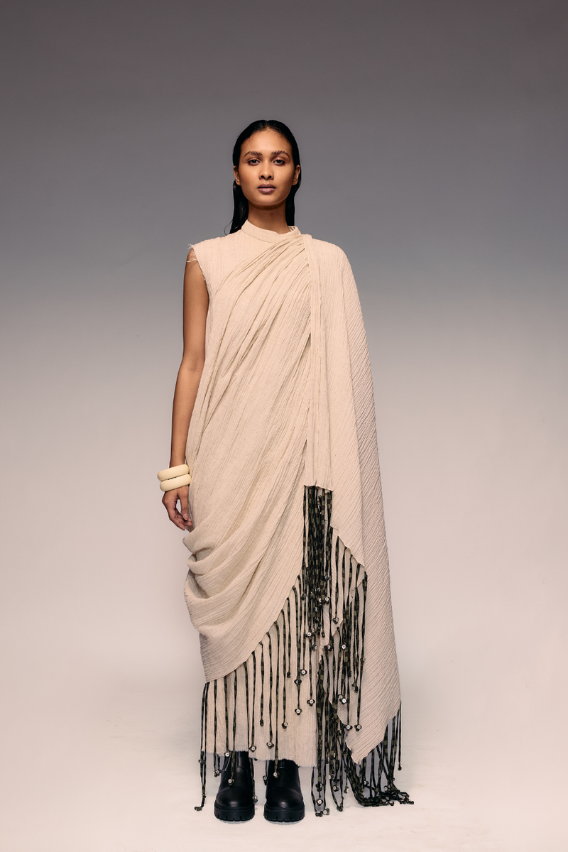 Ivory Crushed Tassel Scarf Dress cotton by Kritika Murarka in ivory color for women Worldwide