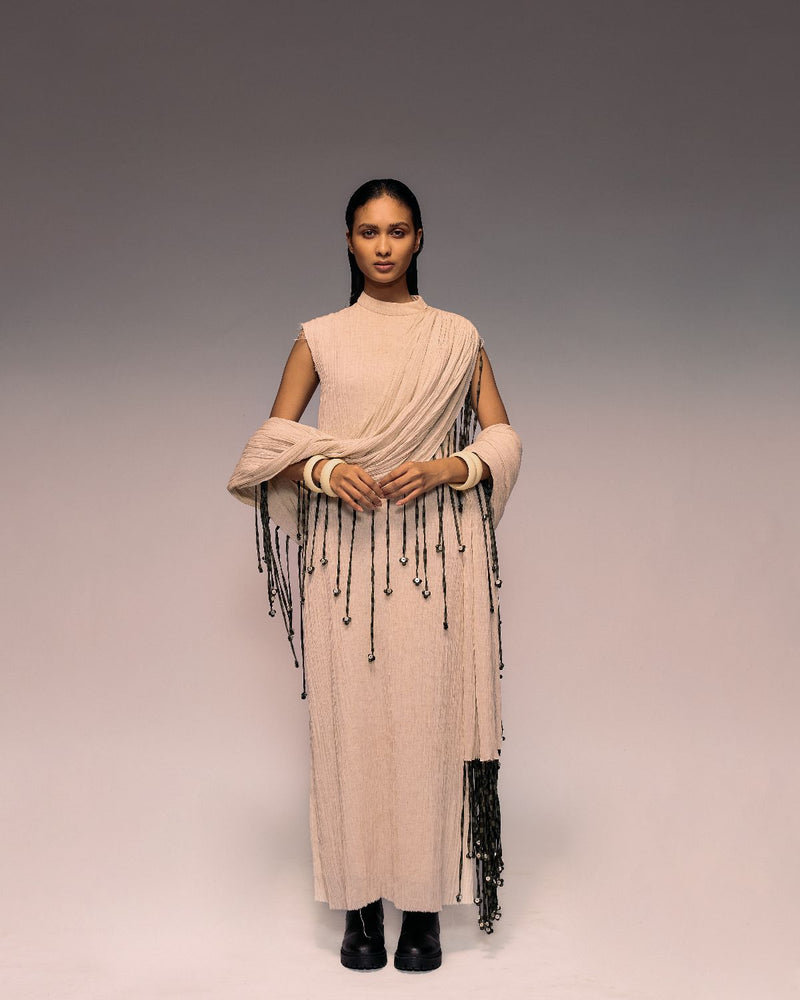 Ivory Crushed Tassel Scarf Dress cotton by Kritika Murarka in ivory color for women Worldwide