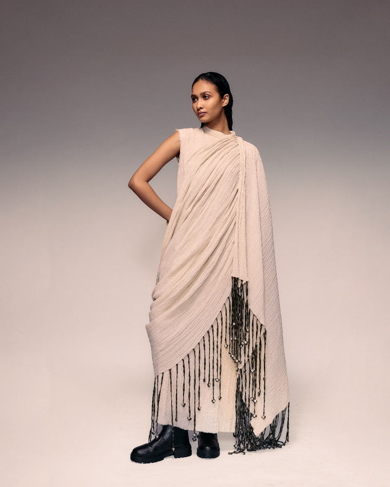 Ivory Crushed Tassel Scarf Dress cotton by Kritika Murarka in ivory color for women Worldwide