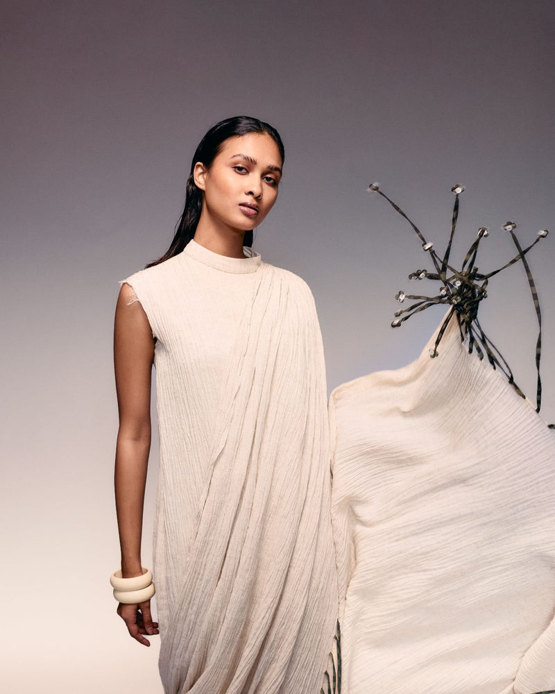 Ivory Crushed Tassel Scarf Dress cotton by Kritika Murarka in ivory color for women Worldwide