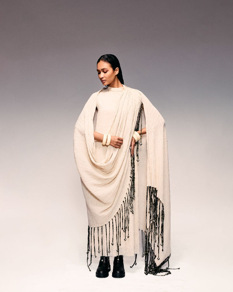 Ivory Crushed Tassel Scarf Dress cotton by Kritika Murarka in ivory color for women Worldwide