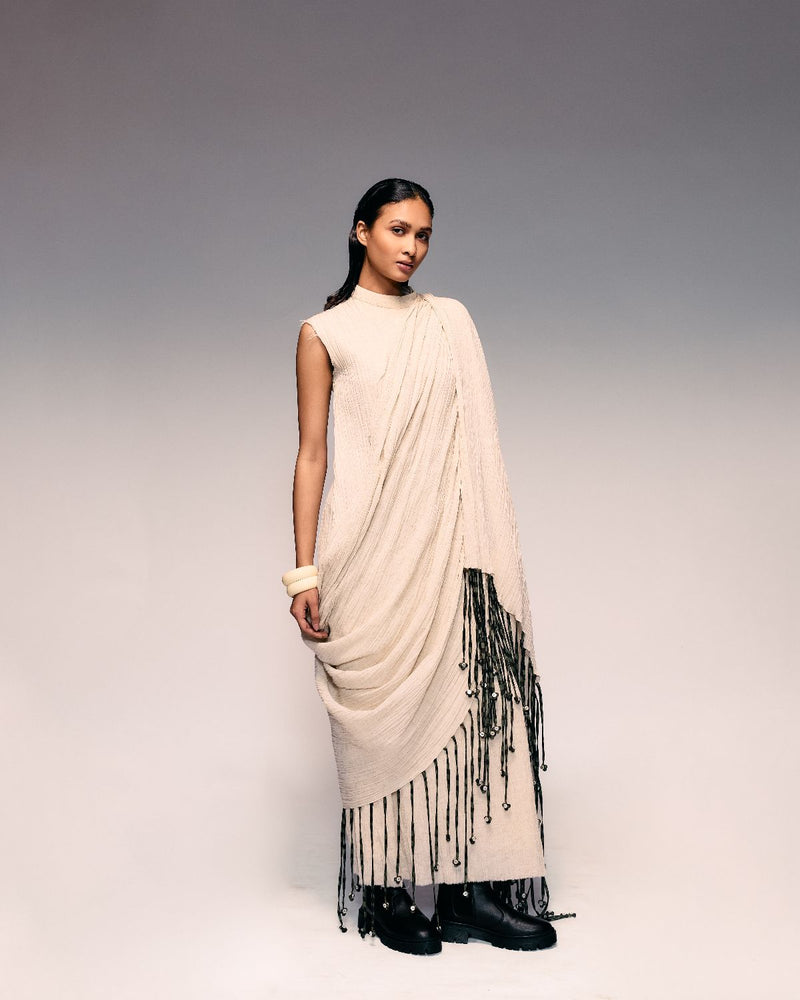 Ivory Crushed Tassel Scarf Dress cotton by Kritika Murarka in ivory color for women Worldwide