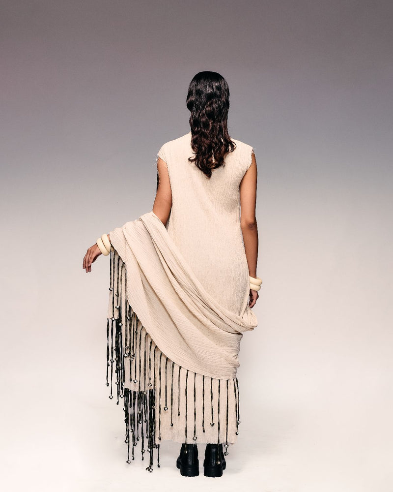 Ivory Crushed Tassel Scarf Dress cotton by Kritika Murarka in ivory color for women Worldwide