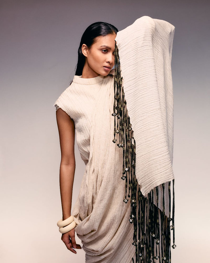 Ivory Crushed Tassel Scarf Dress cotton by Kritika Murarka in ivory color for women Worldwide