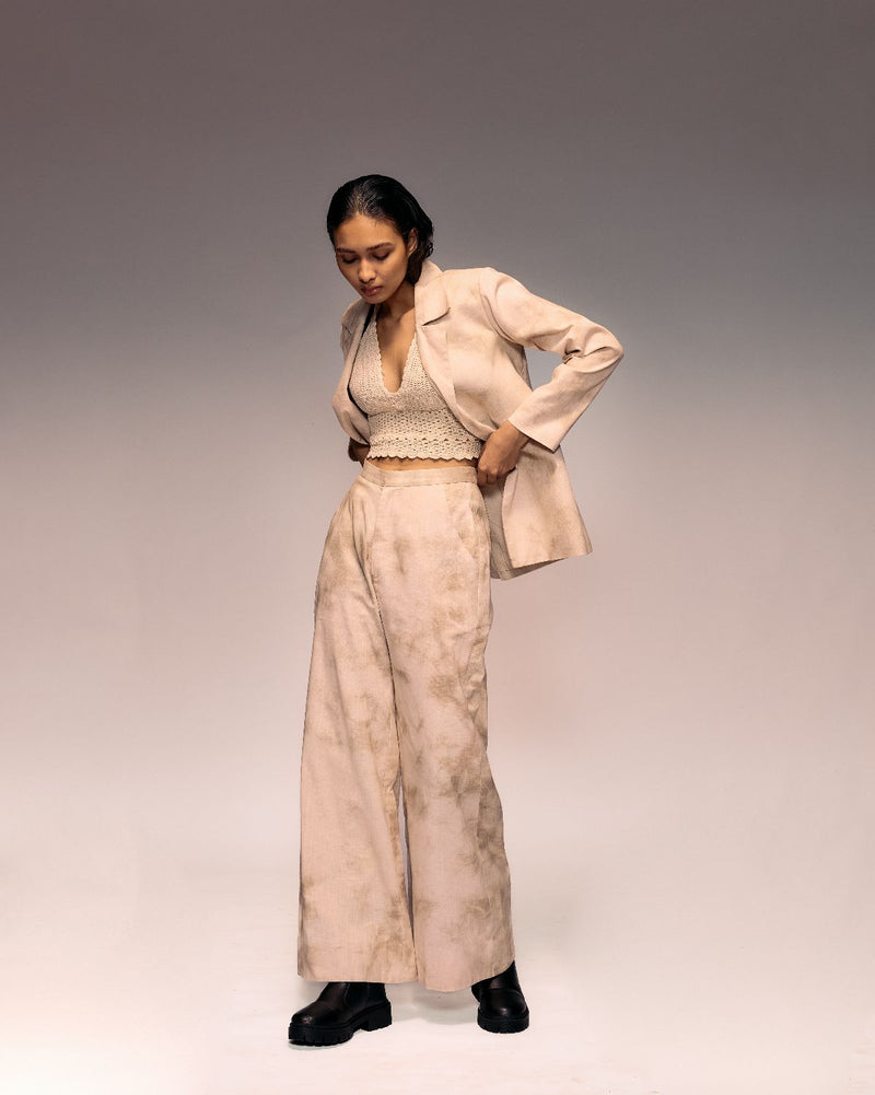 Hand Dyed Blazer Pant Set cotton by Kritika Murarka in ivory color for women Worldwide