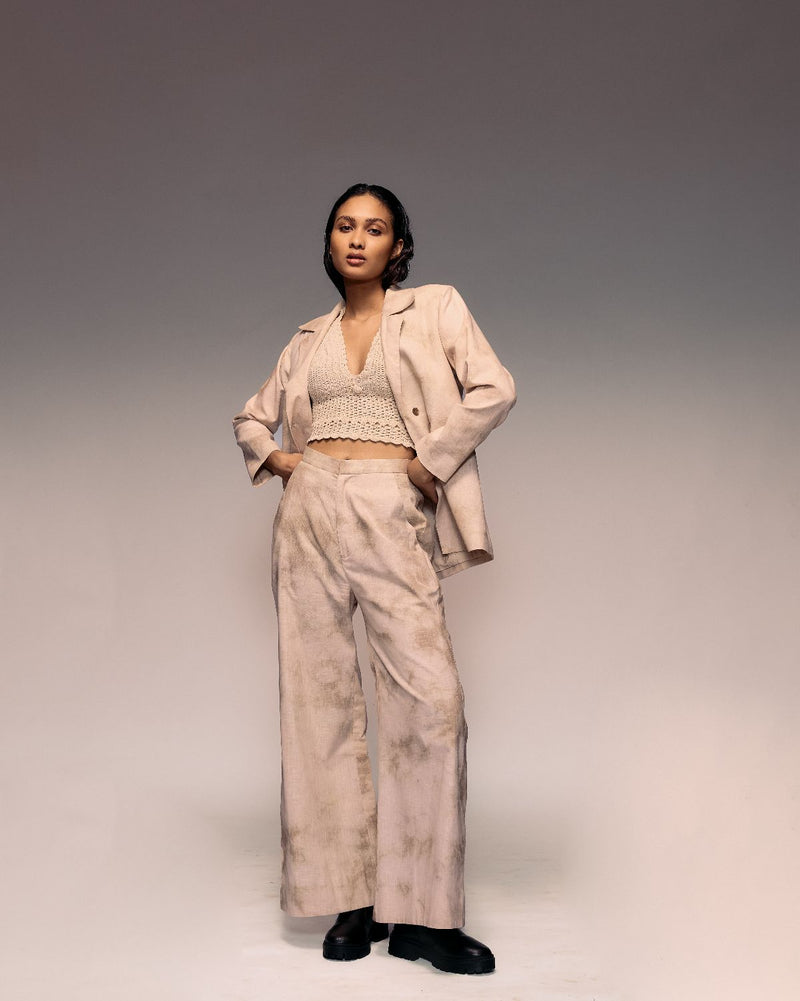 Hand Dyed Blazer Pant Set cotton by Kritika Murarka in ivory color for women Worldwide