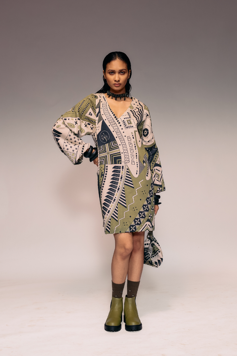 Olive Print Shift Dress cotton by Kritika Murarka in olive color for women Worldwide