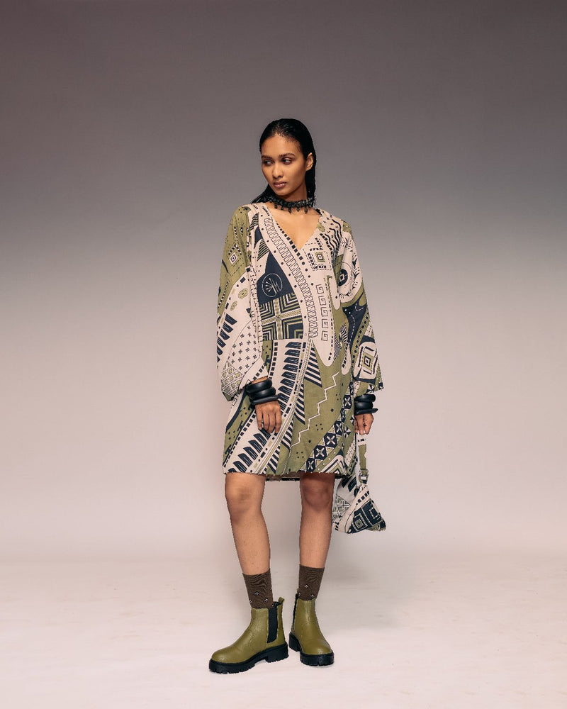 Olive Print Shift Dress cotton by Kritika Murarka in olive color for women Worldwide