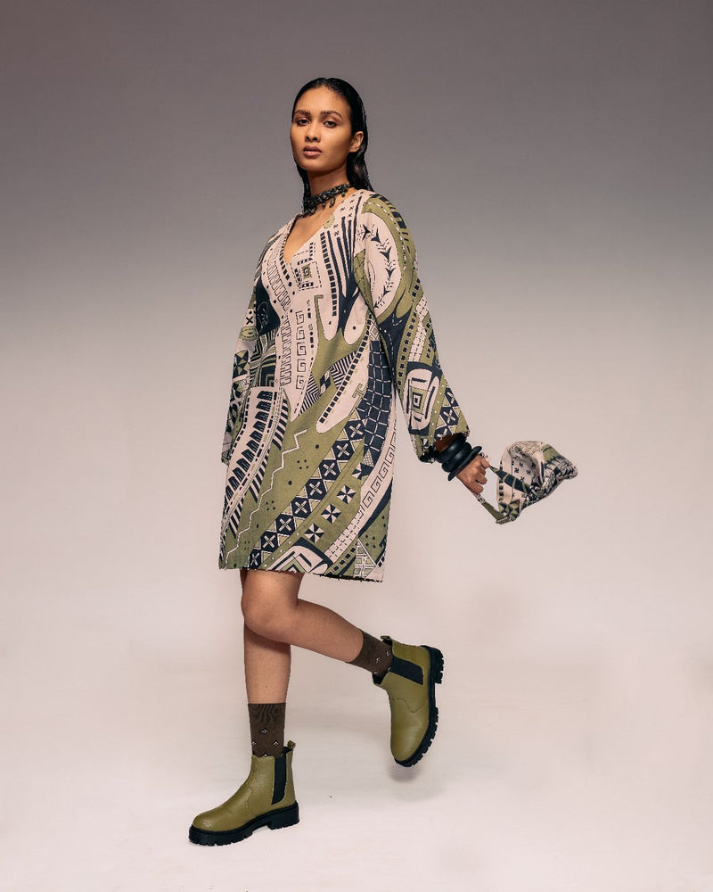 Olive Print Shift Dress cotton by Kritika Murarka in olive color for women Worldwide