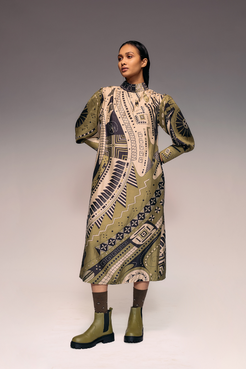 Olive Print Silk Midi silk by Kritika Murarka in olive color for women Worldwide