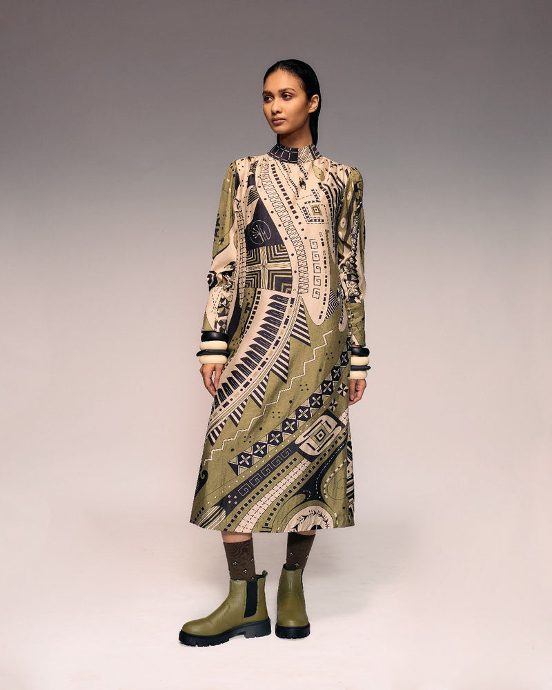 Olive Print Silk Midi silk by Kritika Murarka in olive color for women Worldwide
