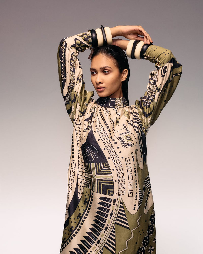 Olive Print Silk Midi silk by Kritika Murarka in olive color for women Worldwide