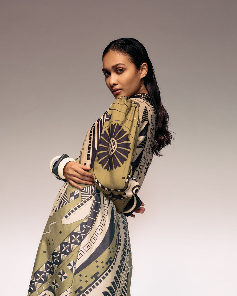 Olive Print Silk Midi silk by Kritika Murarka in olive color for women Worldwide