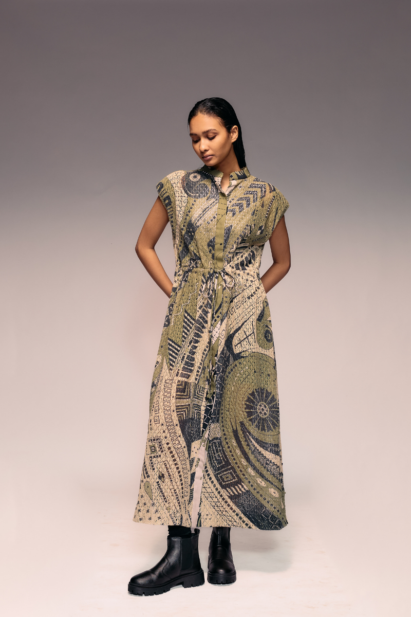 Olive Print Cotton Net Drawstring Dress
+ Inner cotton by Kritika Murarka in olive color for women Worldwide