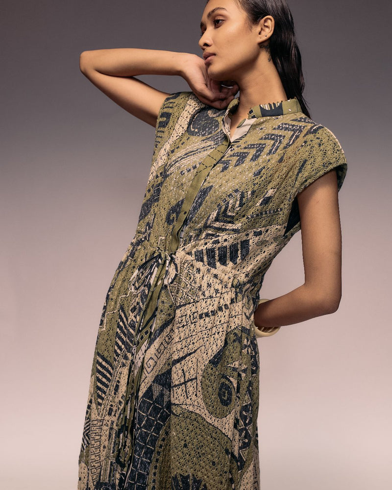 Olive Print Cotton Net Drawstring Dress
+ Inner cotton by Kritika Murarka in olive color for women Worldwide