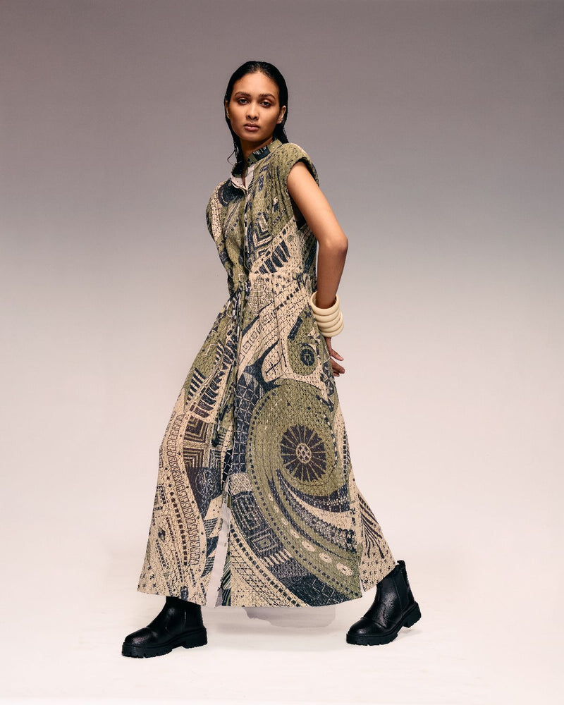Olive Print Cotton Net Drawstring Dress
+ Inner cotton by Kritika Murarka in olive color for women Worldwide