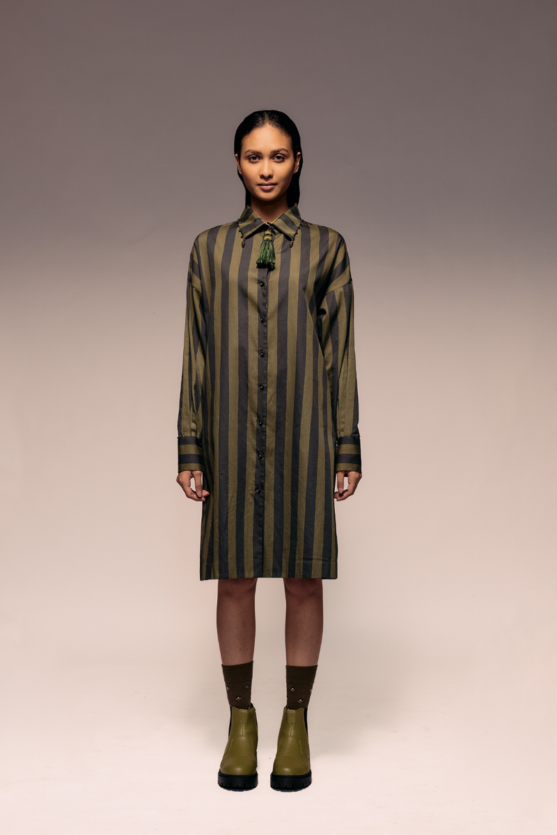 Olive Black Stripe Shirt Dress cotton by Kritika Murarka in black color for women Worldwide