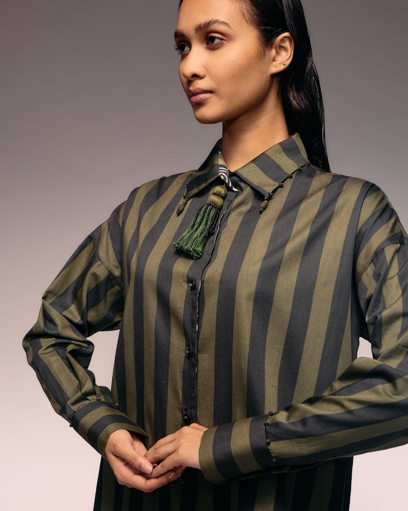 Olive Black Stripe Shirt Dress cotton by Kritika Murarka in black color for women Worldwide