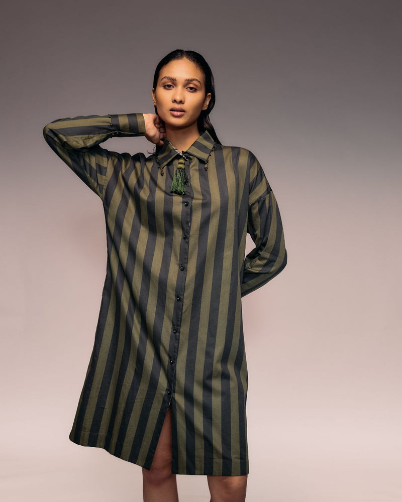 Olive Black Stripe Shirt Dress cotton by Kritika Murarka in black color for women Worldwide