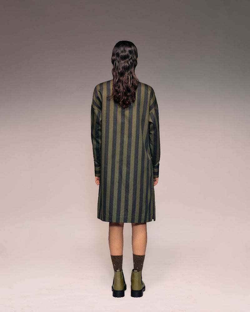 Olive Black Stripe Shirt Dress cotton by Kritika Murarka in black color for women Worldwide