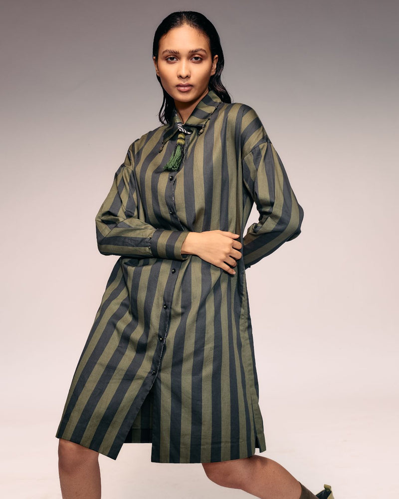 Olive Black Stripe Shirt Dress cotton by Kritika Murarka in black color for women Worldwide