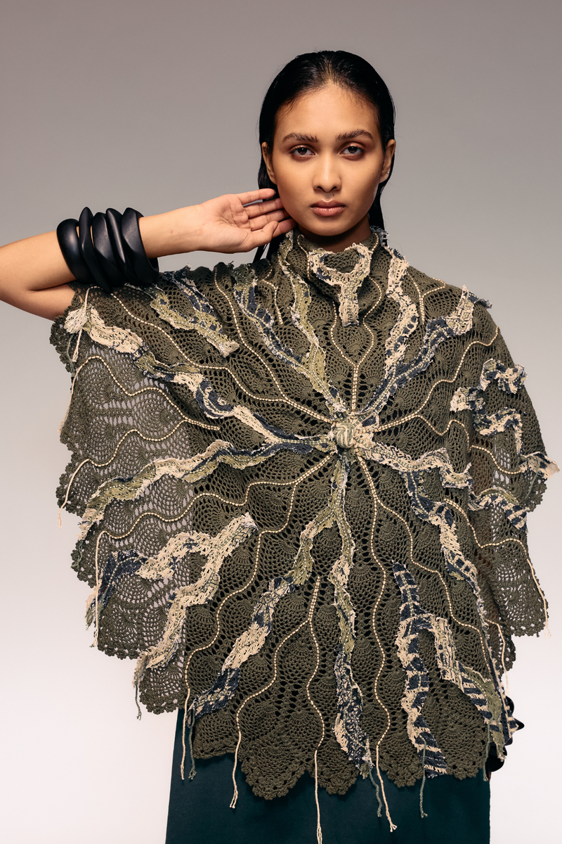 Olive Emb Crochet Cape cotton by Kritika Murarka in olive color for women Worldwide