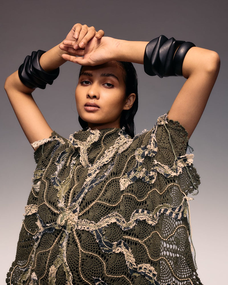 Olive Emb Crochet Cape cotton by Kritika Murarka in olive color for women Worldwide