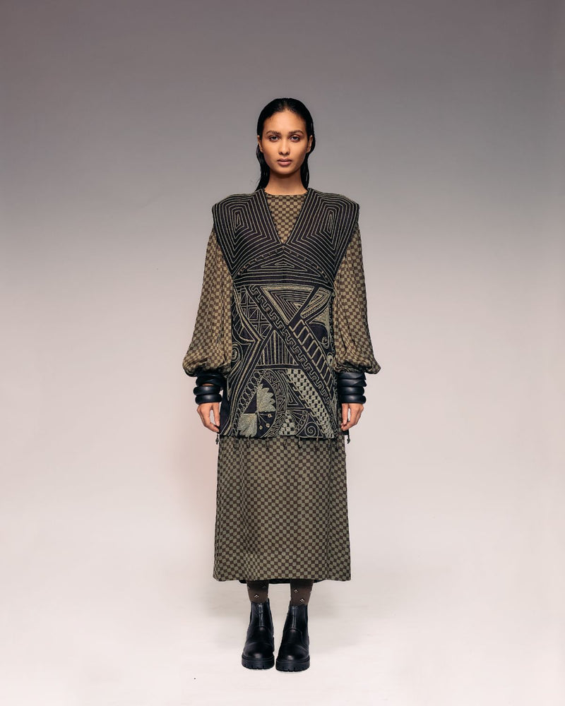 Olive Cord Embroidered Side Open Dress cotton by Kritika Murarka in olive color for women Worldwide
