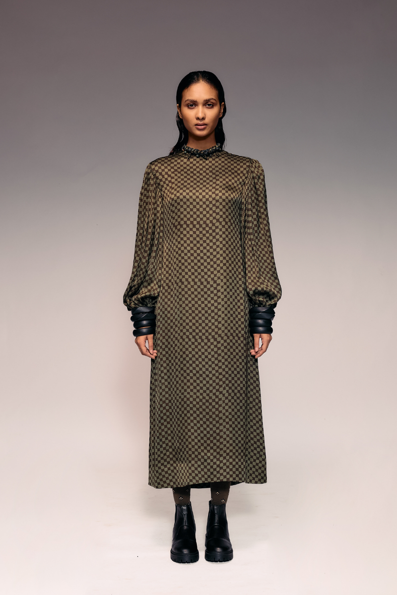 Olive Ajrakh Check Midi Dress satin by Kritika Murarka in olive color for women Worldwide